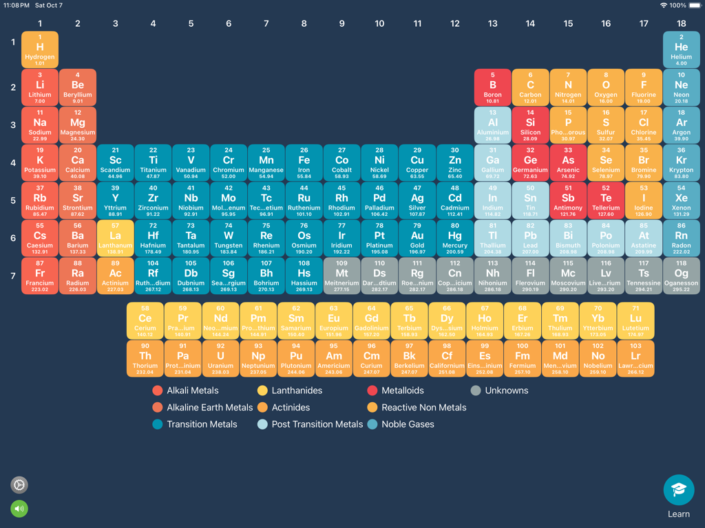 Chemistry Table: Learn+Explore - Tabla periódica interactiva de elementos con categorías codificadas por colores en la aplicación Chemistry Table