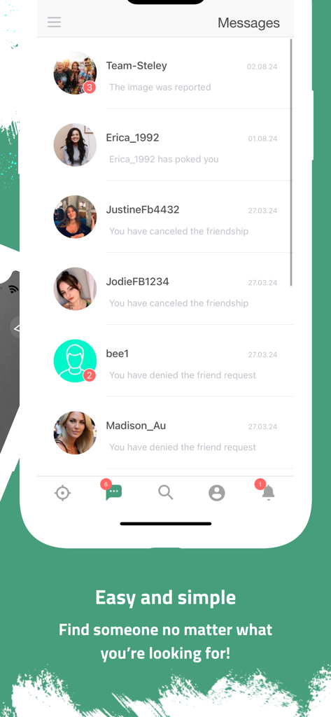 Steley - Steleyアプリのメッセージ画面のスクリーンショット。ソーシャルインタラクションとチャット通知のリストが表示されています。