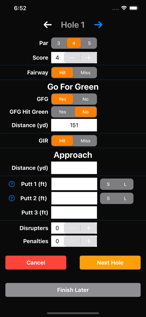 GameForge - Golf performance tracking screen for entering hole by hole statistics