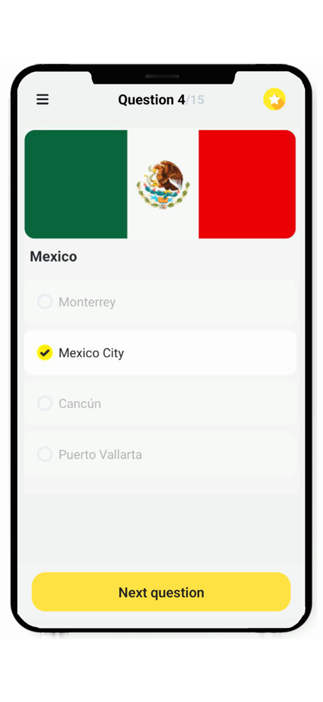 Countries and Capitals Quiz - Geography quiz app interface showing a multiple choice question about the capital of Mexico featuring the Mexican flag.