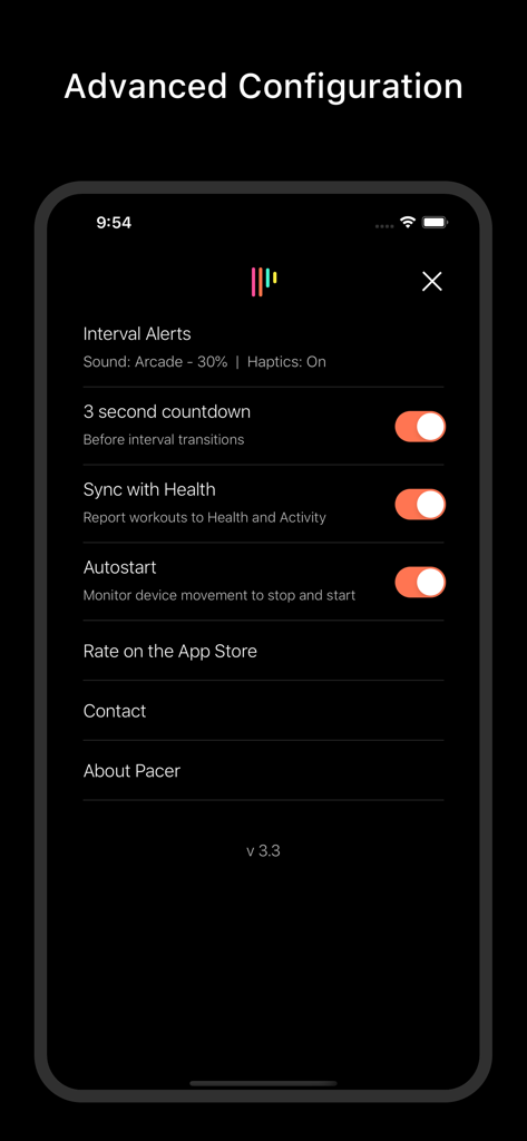 Pacer Fitness - Interval Timer - Tela de configuração avançada do aplicativo Pacer Fitness mostrando configurações para alertas de intervalo, sincronização com Apple Health e recursos de autostart.