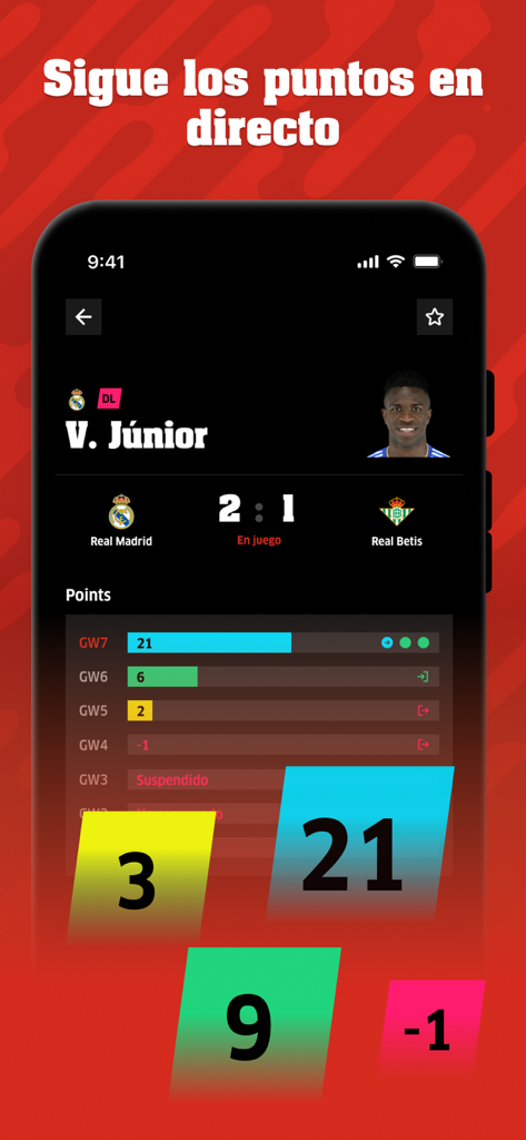 Fantasy MARCA - Pantalla de la aplicación MARCA Fantasy mostrando puntos de jugadores en vivo y resultados de partidos en tiempo real