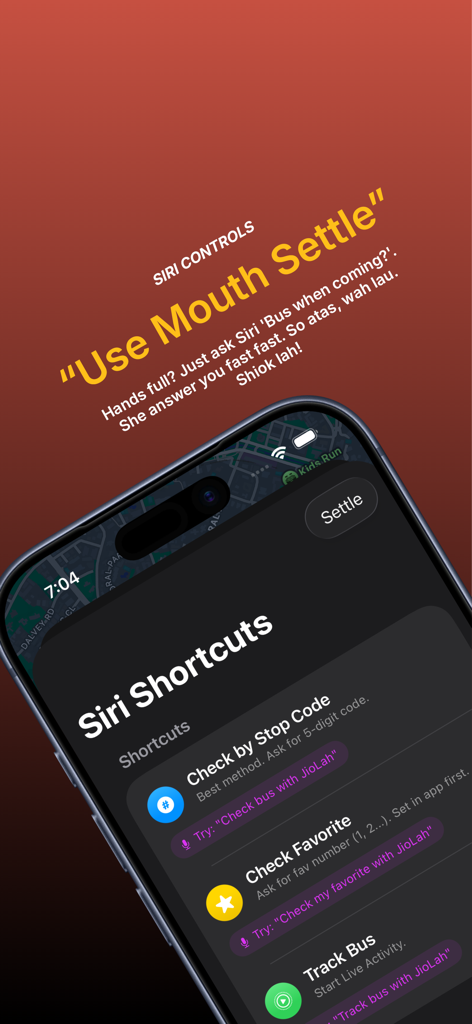 JioLah! SG Bus & Trains - iphone screen showing jiolah app siri shortcuts for bus arrivals and tracking