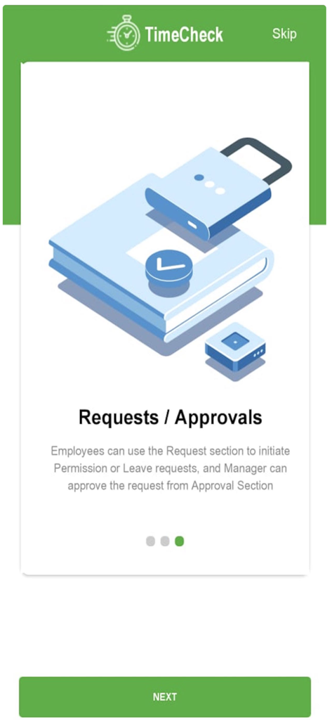 TIMECHECK Enterprise - Onboarding screen of TIMECHECK Enterprise app showing the employee request and manager approval features