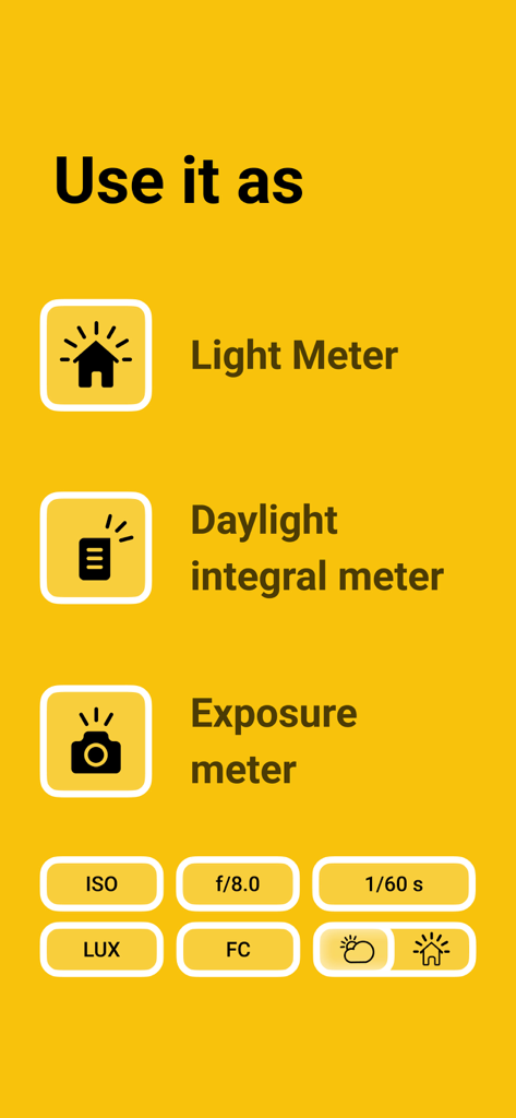 Une capture d'écran de l'interface de l'application Lux Light Meter mettant en évidence son utilisation comme photomètre, mesureur d'intégrale de lumière du jour et mesureur d'exposition.