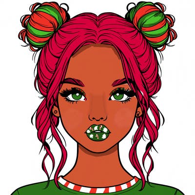 realistic girl with two buns in hair and lips