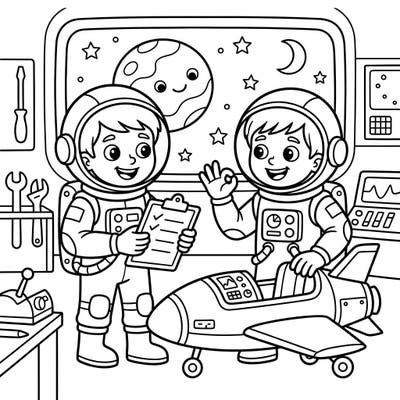 Ignite your child's imagination with this exciting coloring page featuring two brave astronaut test pilots. They're ready to explore new frontiers in space, inspecting their cool rocket and charting their course among friendly planets and stars.