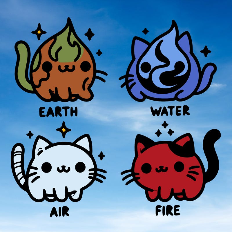 4 cats that represent the different elements, earth, water, air, and fire