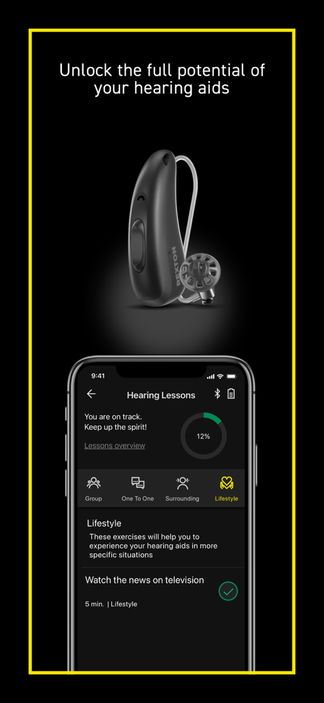 Rexton App - Rexton App interface showing hearing success lessons and a Rexton hearing aid device