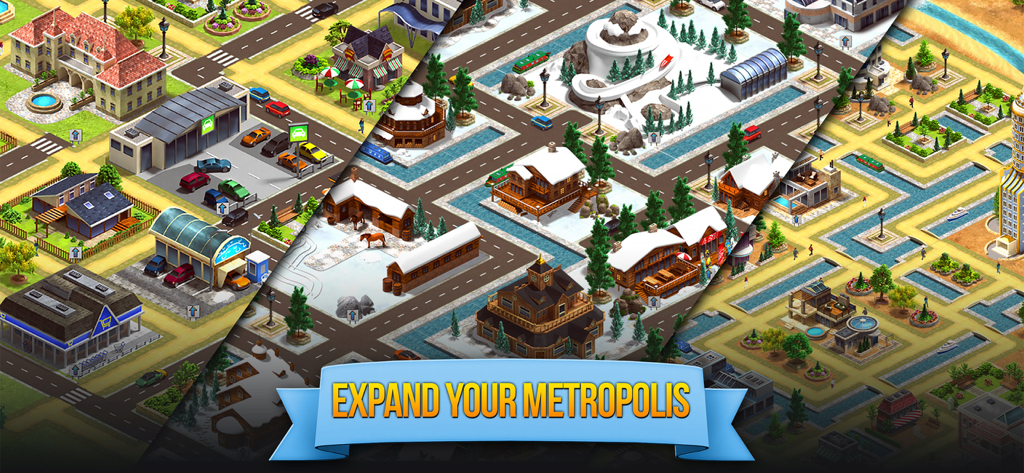 Collage of different seasonal and tropical city themes in Tropic Paradise Town Build Sim