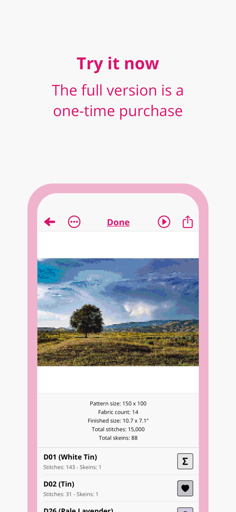 Screenshot of the Stitchly app showing a landscape cross stitch pattern with technical details and thread list.