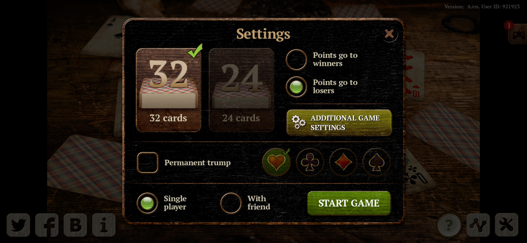 Kozel HD Online Card Game - 덱 크기와 트럼프 카드 선택 옵션을 보여주는 Kozel HD의 게임 설정 메뉴