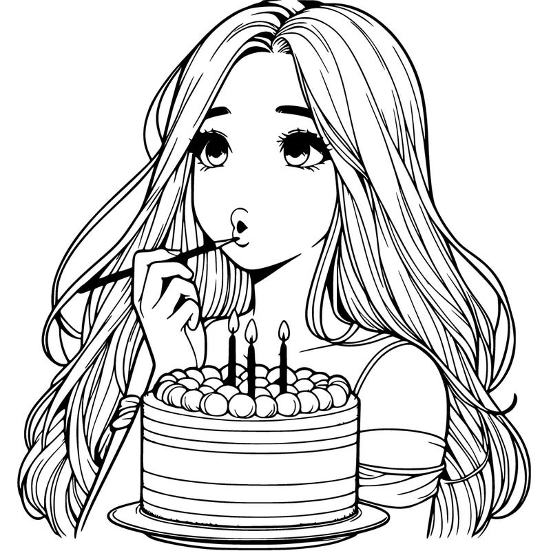 realistic girl with her hair down blowing out her birthday cake