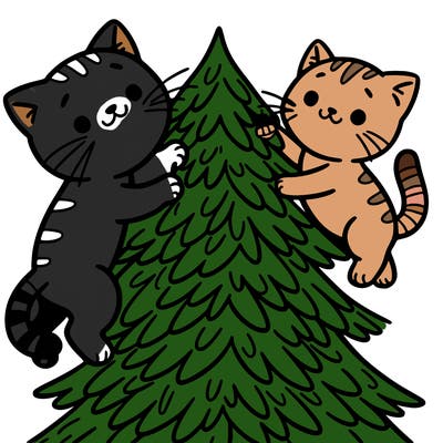 two cats climbing a christmas tree