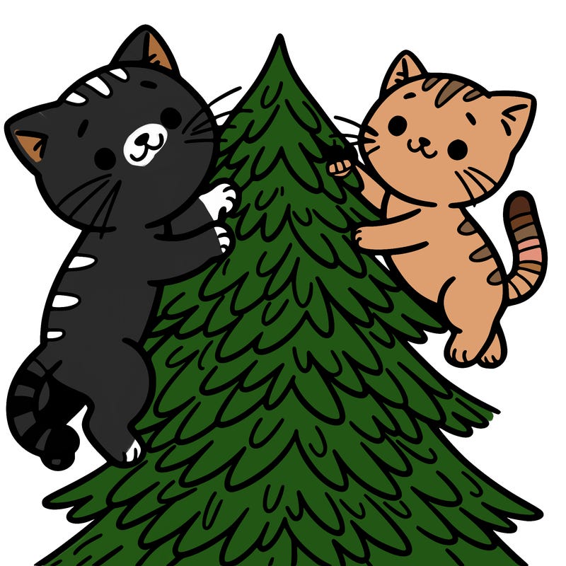 two cats climbing a christmas tree