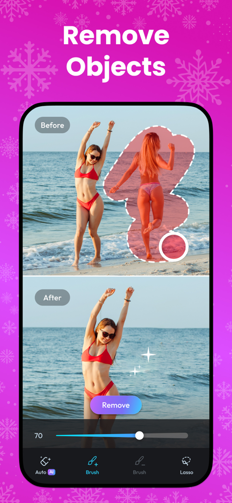 Edit Up: AI Photo Video Editor - Comparación antes y después de la función de eliminación de objetos con IA que muestra a una persona siendo borrada de una foto de playa