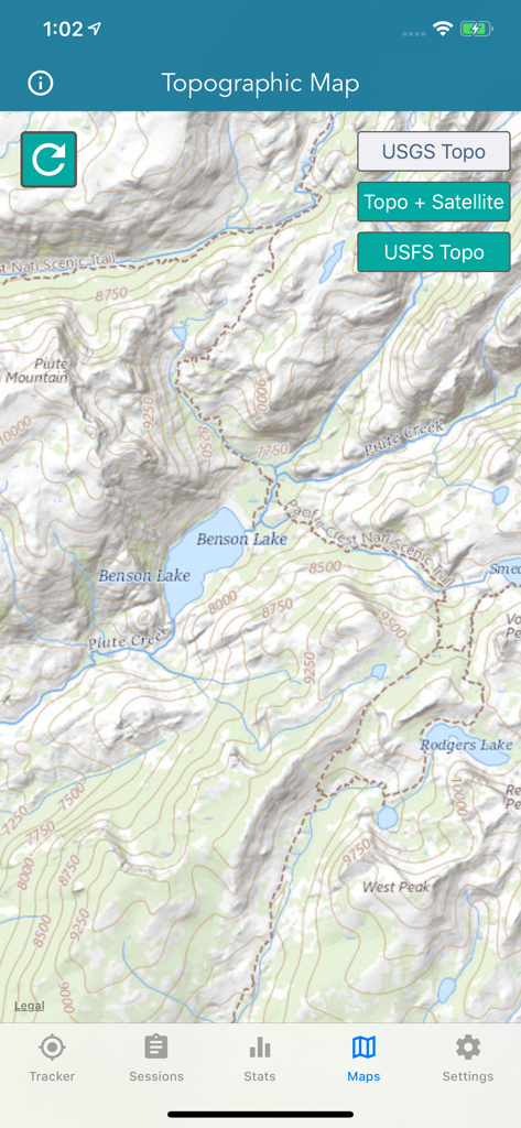 Interface of the Topo Map and Hiking Tracker app displaying a detailed USGS topographic map with elevation contours and trail markers.