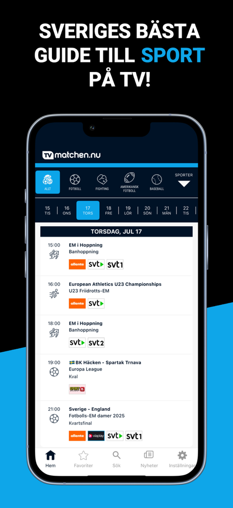 TVmatchen.nu - Sport på TV - Mobile app interface for TVmatchen showing a daily sports broadcasting schedule with channel logos and match times.