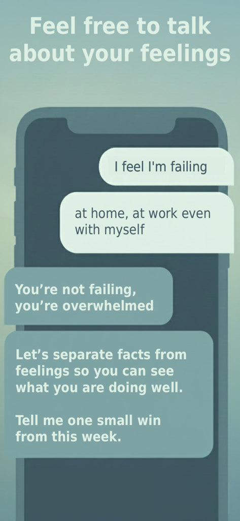 Sophia Helps - Your AI friend - A mockup of a smartphone screen showing a supportive chat conversation with Sophia Helps AI about managing feelings of being overwhelmed.