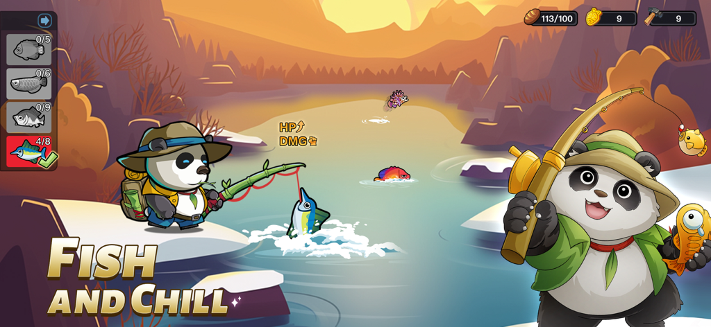 Chibi panda characters fishing in the Fish and Chill mode of Mini Heroes Magic Throne