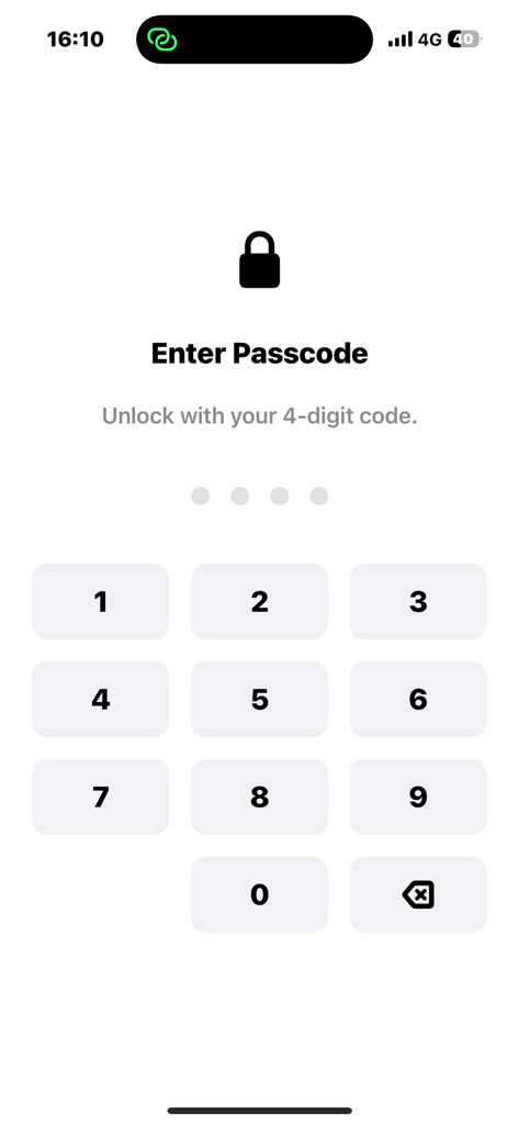 Passcode-Eingabebildschirm für die Sicherheit der Haven Link Offline-CRM-App