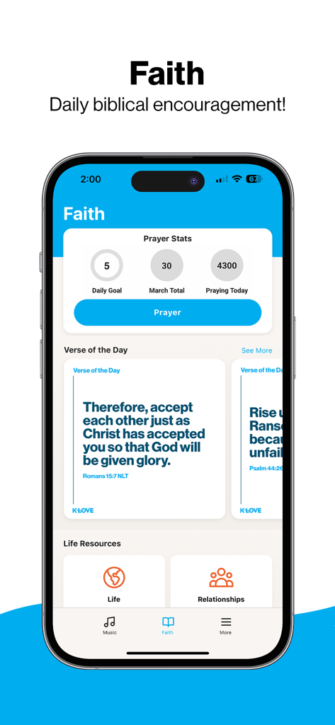 K-LOVE - App mobile K-LOVE che mostra statistiche di preghiera giornaliere e schede di versetti biblici