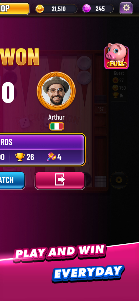 Backgammon Plus - Board Games - Schermata di vittoria di Backgammon Plus che mostra un profilo giocatore chiamato Arthur con ricompense a forma di trofeo e maglio.