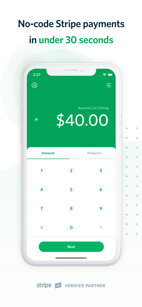 Payment: Stripe Tap to Pay - iPhone screen showing a forty dollar payment entry in the Stripe Tap to Pay mobile app interface