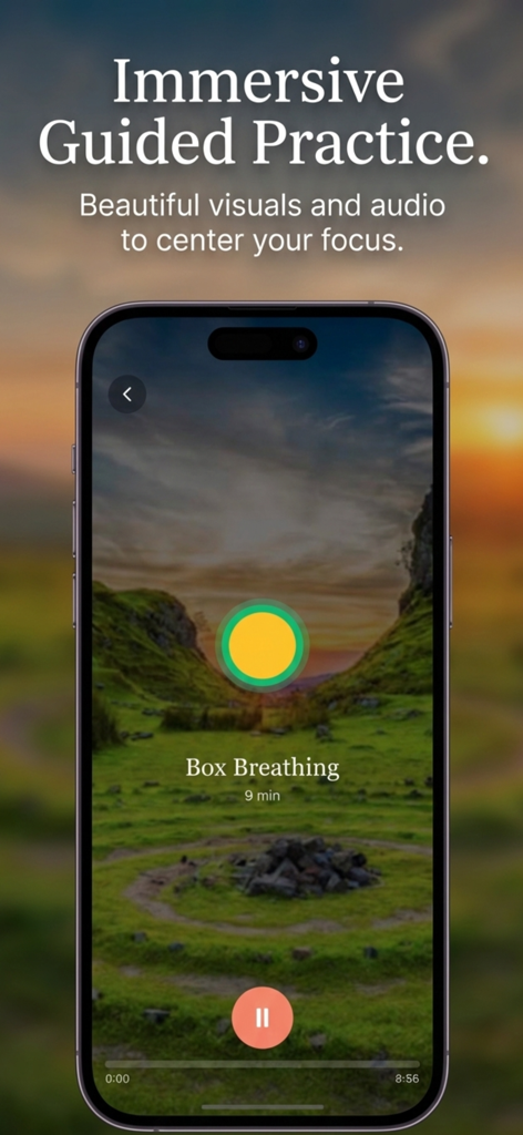 Tai Chi for Beginners: Flow - Tai Chi for Beginners app interface showing a 9 minute box breathing guided practice with a sunset landscape background