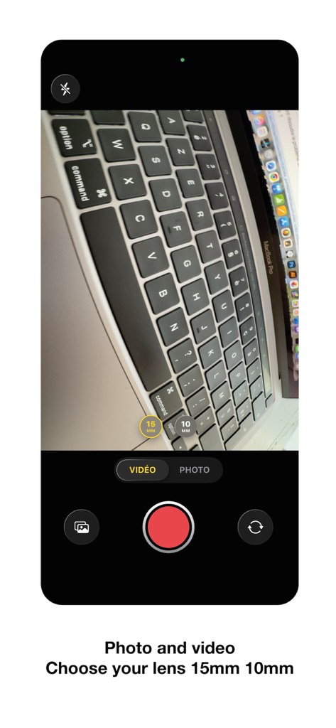 Fisheye lens camera - Interfaz de usuario de una aplicación de cámara ojo de pez con opciones de lente de 10 mm y 15 mm