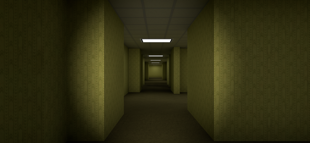 백룸 공포 게임의 으스스한 노란 복도의 1인칭 시점