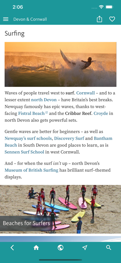 이 지역 최고의 서핑 해변과 학교를 자세히 설명하는 데본 및 콘월 여행 앱의 페이지
