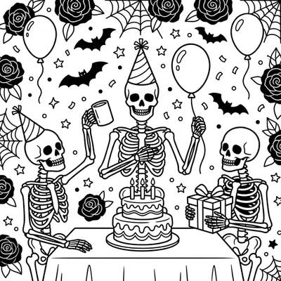 Join a spirited trio of gothic skeletons as they throw an unforgettable birthday bash! This coloring page offers a wonderfully macabre yet festive scene, perfect for adding a unique touch to any celebration.