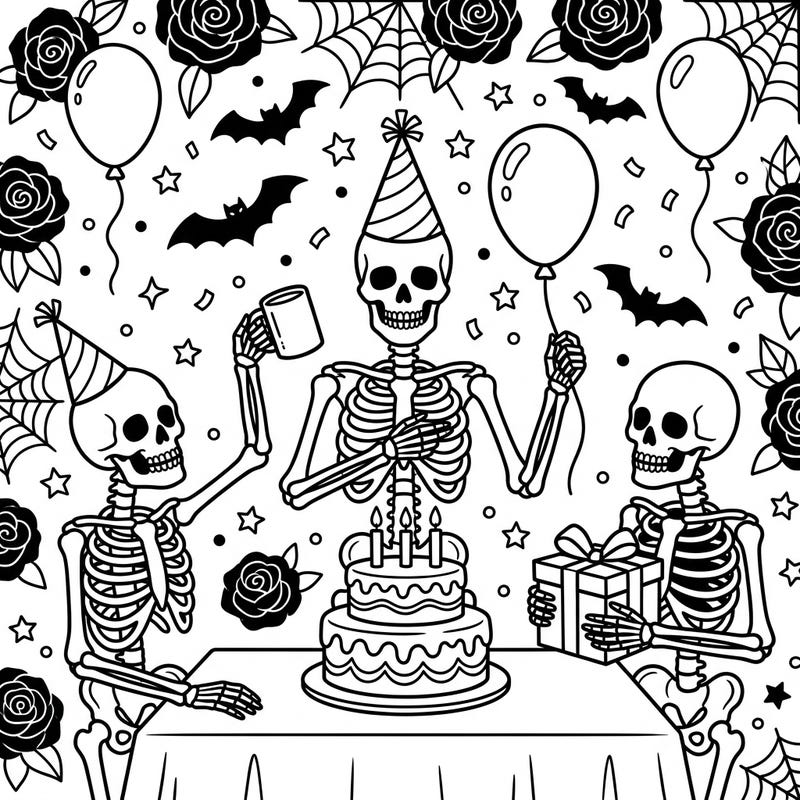 Join a spirited trio of gothic skeletons as they throw an unforgettable birthday bash! This coloring page offers a wonderfully macabre yet festive scene, perfect for adding a unique touch to any celebration.
