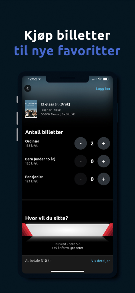 ODEON Kino - 映画チケットの選択と座席指定を行うODEON Kinoアプリのインターフェース。