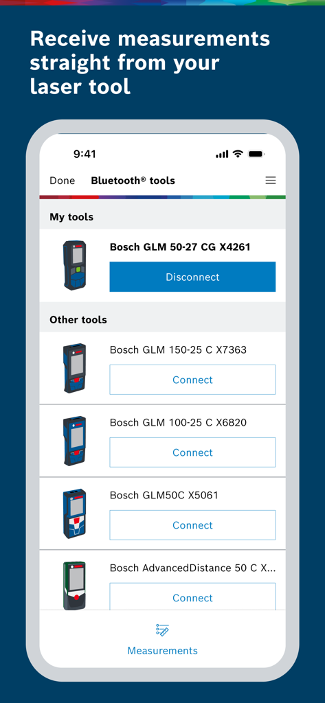 Bosch MeasureOn app screen showing the Bluetooth tools connection interface with a list of compatible laser distance measures.
