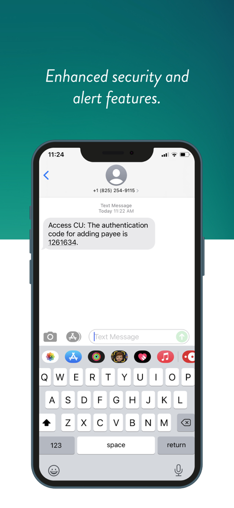 Access CU - Smartphone displaying an Access Credit Union SMS authentication code for enhanced security.