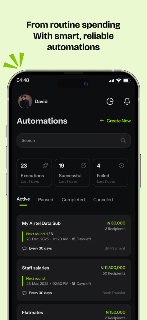 Delight: Plan, spend and grow - Screenshot of the Delight app Automations screen showing scheduled bill payments and salary transfers with success statistics.