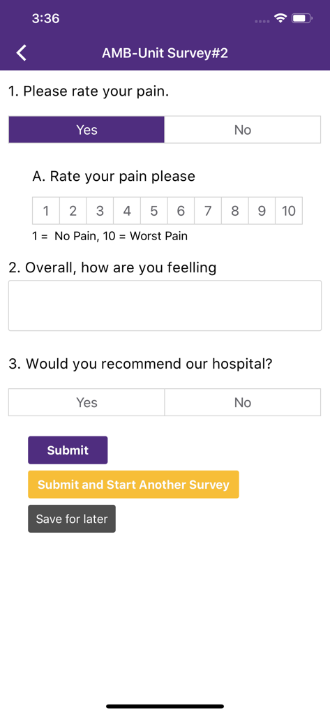Mobile patient survey interface in GetWell Rounds plus app featuring a pain rating scale and feedback questions