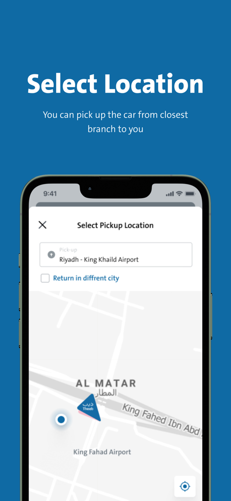 Theeb Rent A Car app interface showing car pickup location selection with a map