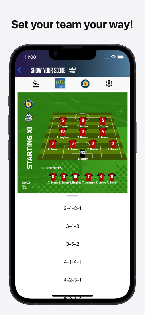 A mobile app interface showing a custom soccer starting XI lineup graphic with tactical formation options