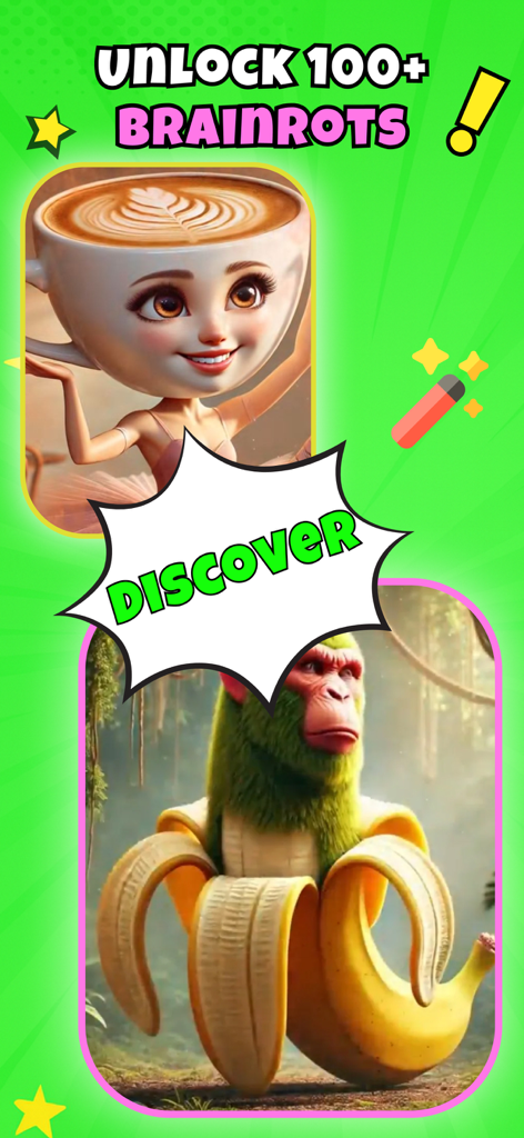 AI Italian Brainrot Creator - Screenshot showing surreal AI meme characters like a coffee cup head ballerina and a monkey banana.