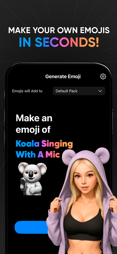 XMoji - Dirty AI Emoji Maker - Interface of the XMoji app showing the generation of a custom koala singing emoji from a text prompt.