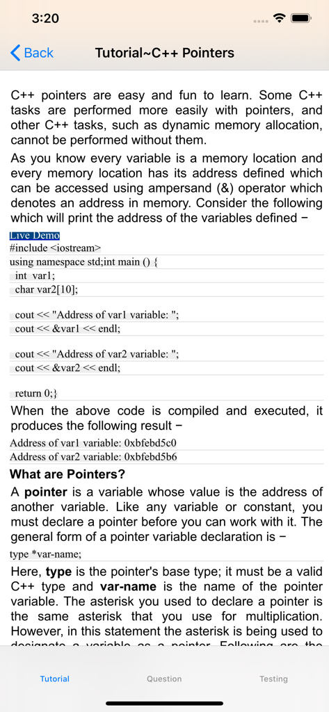 Mobile app screen showing a lesson on C++ pointers with code examples and definitions