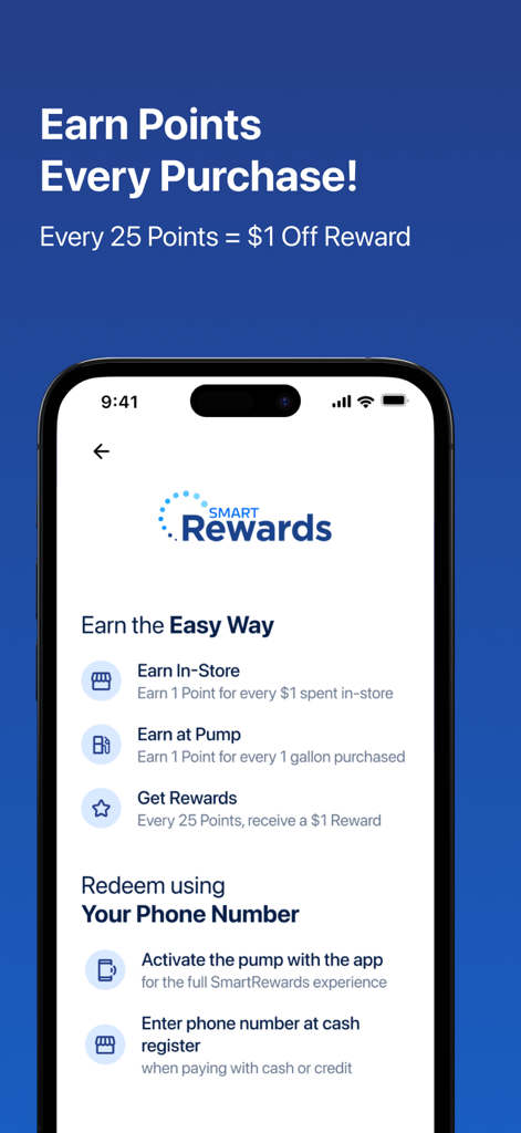 Interfaccia dell'app SmartRewards che mostra come accumulare punti in negozio e alla pompa di benzina
