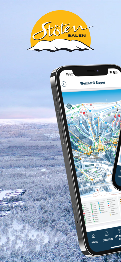 Stöten - Smartphone screen showing the Stoten app ski slope map and weather interface