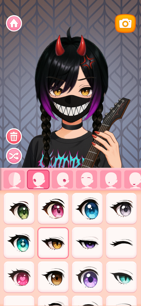 Interface of the Anime Dress Up app showing different eye shapes and colors for a custom avatar