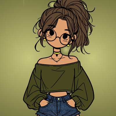 girl with a messy ponytail glasses a baggy crop top and jean shorts