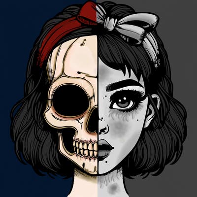 realistic girl with half skull mask