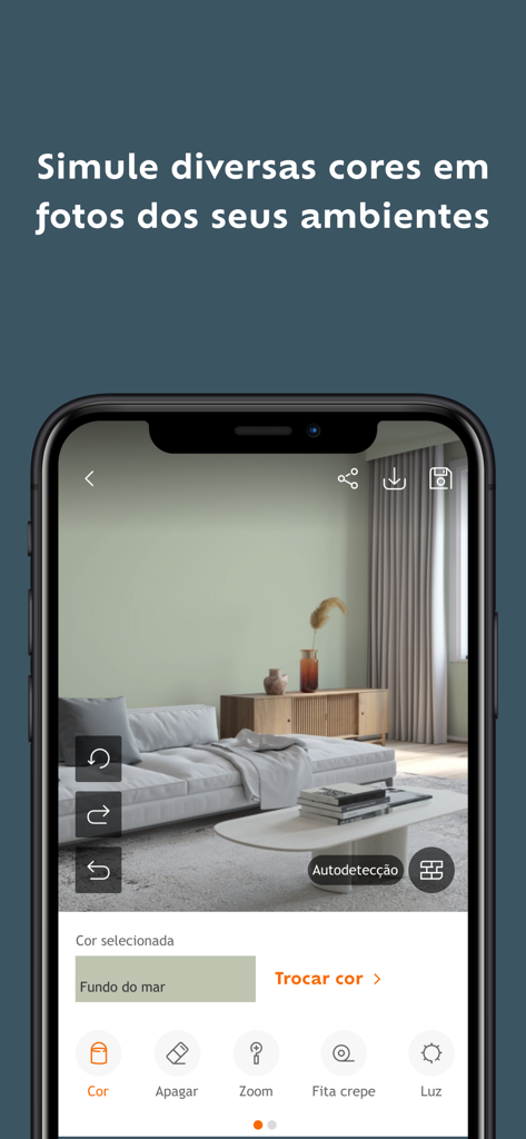 Suvinil Teste Sua Cor - Mobile app interface simulating a green paint color on a living room wall using augmented reality
